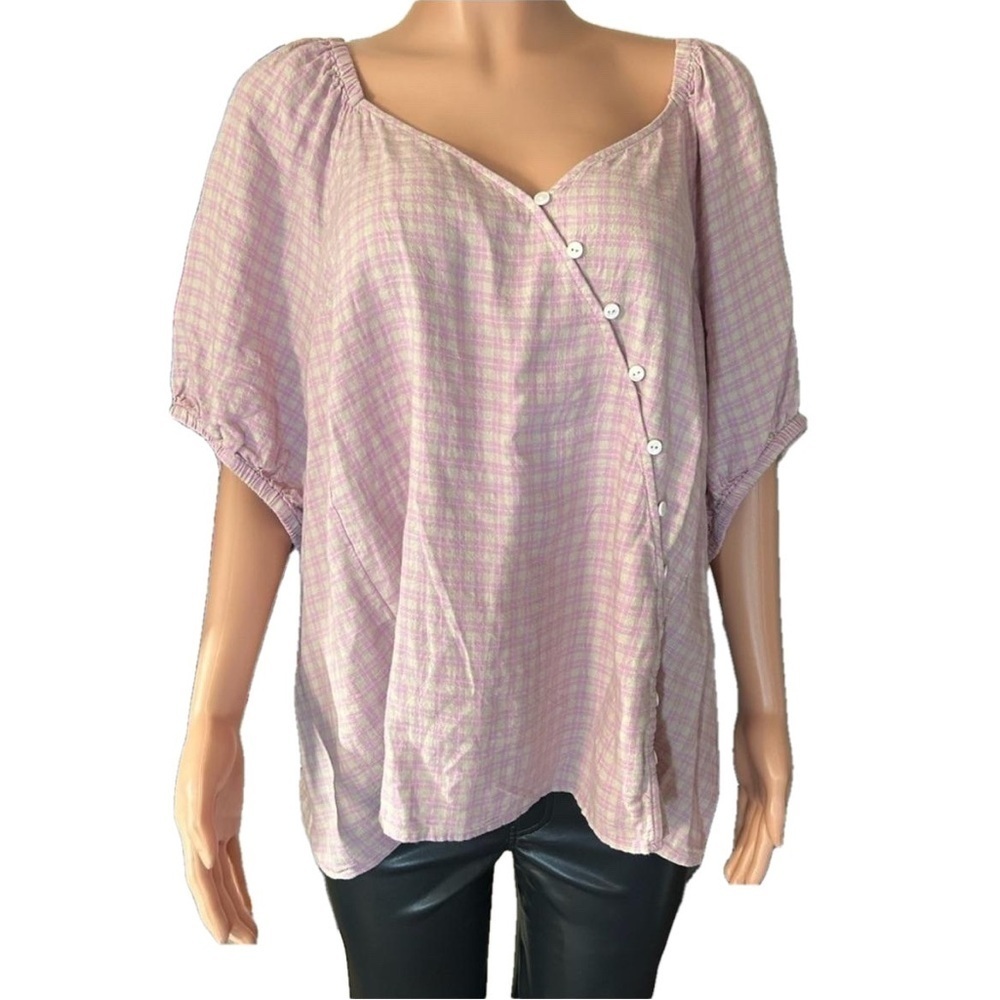 Madewell Plus Size 3X Linen Blend Puff Sleeve Button Wrap Top Sweet Lavender Pld - Picture 5 of 13